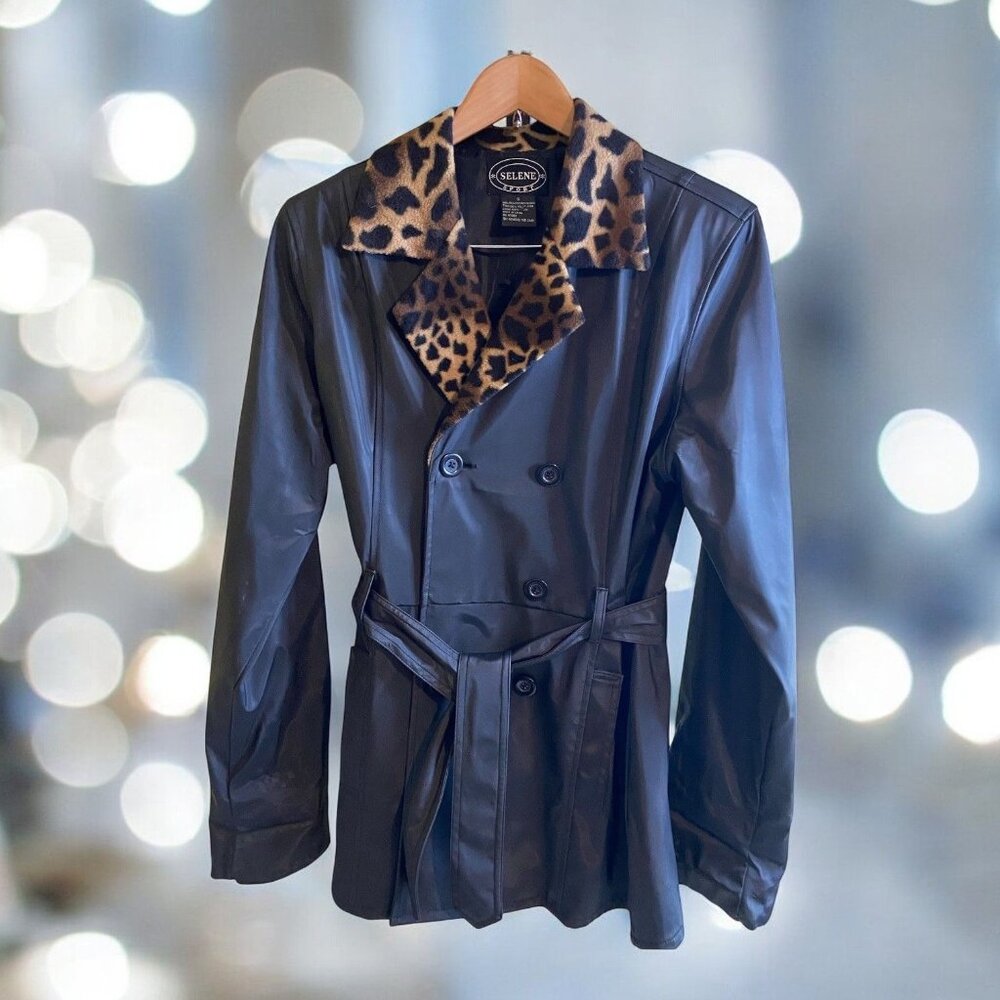 Selene Womens Trench Coat Black Small Cheetah Collar Small Black Winter Fashion